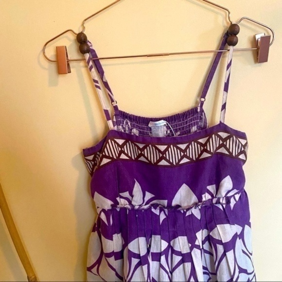 Day Dress Linen Feel Pleated Purple Print Dress - Picture 2 of 12